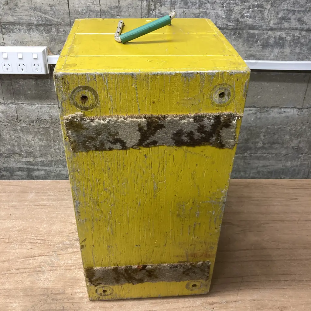 Wooden Box With Hinged Lid, Painted Yellow, Rope Handles Each End. H33 W60 D31cm Image 1++